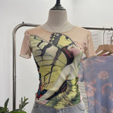 Single-Layer Thin Mesh Tie-Dye-Repair Short-Sleeved T-Shirt For Girls Summer Short-Sleeved Hottie Top