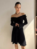 Fongt Shoulder Dress Sweater Dress Sexy Knitted Skirt Long Sleeve Short Skirt Thick A Word Autumn Winter