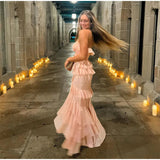 Pink Layered Ruffles Strapless Maxi Dress-Outfit