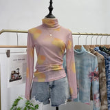 Autumn Single-Layer Mesh Base T Shirt Girls Printed Full Sleeve Turtleneck Tees Slim Women See Through Tshirts-Outfit