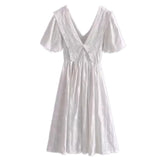 2022 New Women's Fashion Retro Bubble Sleeve Large V-neck Embroidery Hollow Elastic Waist