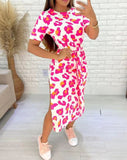 Fongt Round Neck Short Sleeve Slit A-Line Dress Tie Print Women's