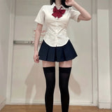 Slim Fit Bow Short Sleeve Jk White Sjhirts Women+ Y2k E-Girl High Waist Ruched Skirts 2024 Summer New Two Piece Sets-Outfit