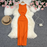 Fongt Sexy Round Neck Kink Solid Color Vest Knit Skirt Front And Back Two Wear Elastic Tight Wrap Hip Dress-Outfit