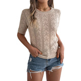 Shooting 2025 Spring And Summer Leisure Pure Color Hollow Short-Sleeved Knit Shirt Holiday Tops Women's