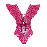Shoulder Lotus Side Deep V Sexy Bare Back Swimsuit Woman 2025 New Swimsuit