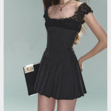 Black Pleated Strap Mini Dress-Outfit