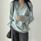 Dark Academia Solid Color V-Neck Pullover Sweater-Outfit