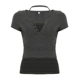 Fongt Sweet Style Simple Knitted Shirt Two Sets Of Striped Hanging Neck Hanging Sling + Half-Open Collar Long-Sleeved T-Shirt Top