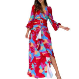 Fongt Spring New Women's Retro Print Deep V Open Fork Dress Dress Dress