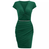 Fongt Selling New 2024 Summer Solid Color V-Neck Waist Slim Casual Short-Sleeved Dress Women-Outfit