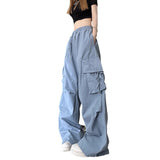 Fongt Speed Dry Cargo Pants Female Stereo Pocket High Waist Straight Tube Wide Leg Ribbon Loose Casual Floor