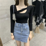 Fongt 2023 New Style Design Sense Careful Machine Hollow T-Shirt Solid Color All-Match Slim Thin Long-Sleeved Jacket Female