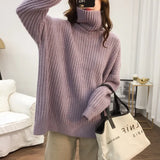 Lazy Wind Foreign Style High Collar Sweater Female Autumn Winter Versatile Show Thin Casual Soft Waxy Sweater Jacket-Outfit