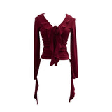 Han's New V-Neck Flower Irregular Lotus Leaf Edge Ribbon Slim Thin T-Shirt Short Top