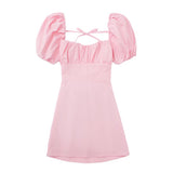 Fongt New Spring 2023 Square Collar Solid Color Versatile Bubble Sleeve Back Band Open Back Dress-Outfit