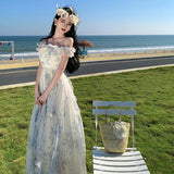 Fongt Seaside Vacation Wind Beach Sling Skirt Gauze French Flounce Dress-Outfit