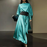 Loose Two Piece Set Womens Round Neck Long Sleeve Tops High Waist Split Midi Skirt Female Fashion Clothes Style