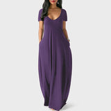 Fongt New Plus-Size Women's Solid Color Dress Sexy Deep V Short-Sleeved Dress-Outfit