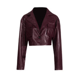 Fongt Temperament Jacket Jacket Female 2024 Autumn New Design Sense Big Lapel Splicing Pocket Short Leather Coat Female-Outfit