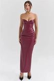 Burgundy Strapless PU Leather Maxi Dress-Outfit