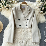 Temperament Short Double-Breasted Suit Jacket Female High-End Flocking Net Suspender Dress Foreign Style Two-Piece Suit-Outfit