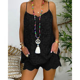Fongt Sleeveless Drawstring Flounce Cut Out Vest Embroidered Shorts With Cotton