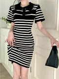Fongt New Temperament Striped Polo Collar Knitted Dress Female Gentle Wind Casual Straight Bottom