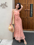 Fongt Xixi 2025 Summer New Korean Version Of High-Waisted Holiday Sling Dress V-Neck Print Pure Desire Skirt 88279