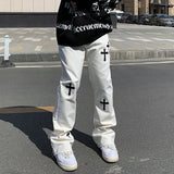 Grunge Streetwear Cross Print Baggy Jeans Women Harajuku Hip Hop Oversize White Cargo Pants High Waist Trousers