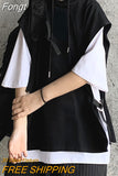 Punk Hoodies Harajuku Hoodie Girl Hip Hop Tops Men's Gothic Women's clothing black and white fake two-piece hooded