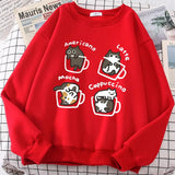 Coffee Cute Kitten Print Oversized Sweatshirt-Outfit