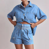 Fongt Summer Women's Casual Retro Loose Shirt Denim Shorts Set Denim