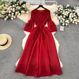 Fongt Court Dress Female Design Tuxedo V Collar Long Three House Press Folding Horn Sleeve Dress Woman