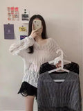 Spring And Summer New Korean Version Loose Hollowed-Out Sweater Pullover V-Collar Long-Sleeved Blouse Popular Style For Women-Outfit