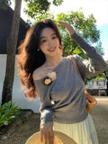 Fongt Special Price Does Not Return] Xiu Xixi Autumn Shoulder Wool Bottom Shirt Long-Sleeved Knitted Shirt Women's Top 25149