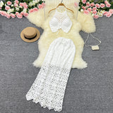 Fongt Tourist Vacation Wind Summer Sling Short Hook Flower Vest Long Skirt Two Suits-Outfit