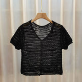 Row Hollow T-Shirt Women's Summer New Cardigan Short Leisure Thin Solid Color Temperament Short-Sleeved Top