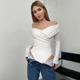 Fongt Spring Autumn New Temperament Fashion V Collar Off-Shoulder Splicing Long Sleeve Slim Joker