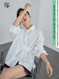 Fashion Belt Casual White Blouse Shirt Women Long Sleeve Spring Button Up Shirt Office Lady Elegant Blue Top
