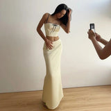 Satin Contrast Trim Bow Crop Top And Maxi Skirt Two Piece Set-Outfit