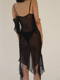 Women Y2K Ruffles Mini Dress Sexy Low Cut Slim Fit Mesh See Through Short Split Dress Summer Beach Female Vestidos-Outfit