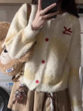 Yellow Stripe Red Buttoned Knitted Cardigan-Outfit