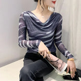 Spring Summer Double-Layer Mesh Top Long Sleeve Printing T-shirt Woman Slim Fitting Tee For Female-Outfit