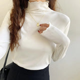 Edge Long-Sleeved Blouse 2023 Early Spring New Women's T-Shirt White Threaded High-Neck Bottomed