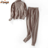 Autumn Winter New Sweater Knitted Pants Set High Collar Casual Women's Sportswear Two Piece Set Women's