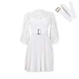 Fongt Women's 2025 New Temperament Pure Color Lace Hook Hollow Press Dress