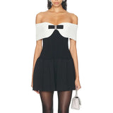 Fashion Temperament Dress Women 2025 Spring New Word Shoulder Black And White Colliding Design Design Sense Short