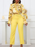 Fongt New Fashion Print Strap Long-Sleeved Top High-Waisted Trousers Set