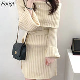 Fashion Autumn and Winter Elegant Straight Neck Open Shoulder Pit Strap Waist Tight Knit Buttock Wrap Dress